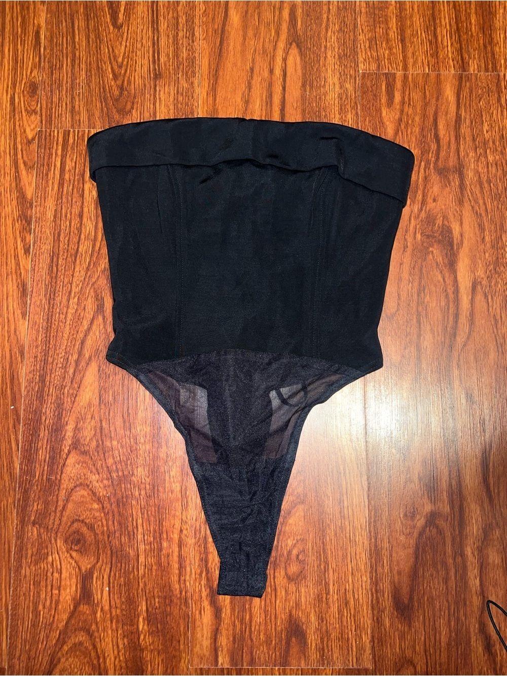 Cache Black Strapless Mesh-Inset Foldover Bodysuit